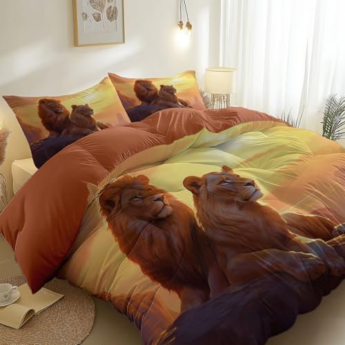 Bettbezug 155 x 220 cm, Löwe Afrika Wild Print Bettwäsche, Weich Mikrofaser Reversible Bettbezüge für Erwachsene Jungen und Mädchen Schlafzimmer - Kollektion, Orange Farbe
