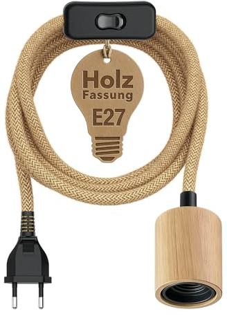 ledscom.de Hanf-Kabel/Textilkabel KIVO, Stecker, Schalter, beige/hellbraun, 3m, Echtholz Lampen-Fassung, 1x E27 max. 60W