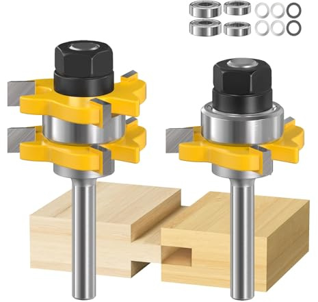 Tongue & Groove Router Bit Set, 1/4 Shank, for 3/4 Stock | 1/2 Cutting Depth & 1/4 Tongue. Adjustable 3-Wing Design for Shaker Cabinet Doors and Wood Joinery.