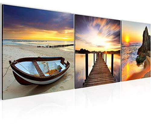 Runa Art - Bilder Sonnenuntergang Strand 120 x 40 cm 3 Teilig Wandbild auf Vlies Leinwand Orange Mehrteilig Modern 605933a
