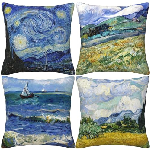 HOSTECCO Vincent Van Gogh Kissenbezüge, 4er-Set, abstrakte Kunst, quadratisch, dekorative Kissenbezüge für Fans berühmter Gemälde, 45,7 x 45,7 cm