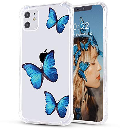 LuGeKe Blue Butterfly Clear Case for iPhone 11, 6.1” Shockproof Bumper Cover for Apple iPhone 11 with Design, Cute Phone Cases, Blue Butterfly