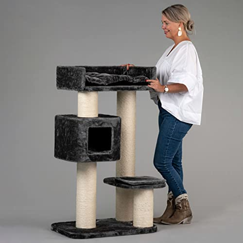 Arbres à Chat RHRQuality pour Grands Chats - Devon Rex - 120 cm de Haut - avec poteaux en sisal de 15 cm et Maison de Jeu - Gris foncé