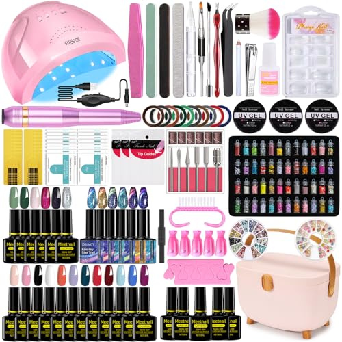TIMHEDM Gel Nail Polish Kit with Light 48 W UV LED Lamp, 24 Colours Rainbow, Cat Eye Gel Nail Polish Starter Kit, Nail Drill Home DIY Manicure Set