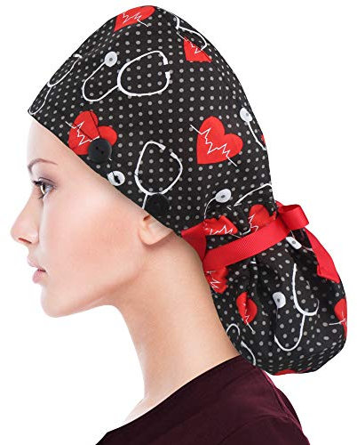 ABAMERICA Working Cap with Button Long Hair, Adjustable Working Hat Ponytail Holder, Tie Back Hats for Women & Men (1 Pack: Ponytail-Stethoscope Red)