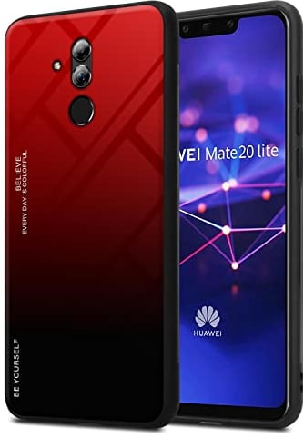Cadorabo Estuche Compatible con Huawei Mate 20 Lite en Rojo - Nero - Funda Protectora Bicolor Fabricada en Silicona TPU y Parte Trasera de Cristal Templado