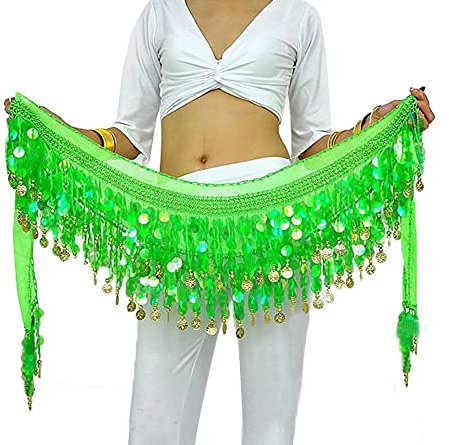 G-LIKE Bauchtanz Hüfttuch Taillenkette Gürtel – Professionelles Tanzkostüm Sexy Tanzkleid Rock Outfit Zubehör mit 88 Münzen Pailletten Hüftschal für Damen Mädchen Doppellagig – 160 cm (Grün)