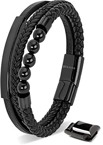 SERASAR Bracelet Garçons 17cm Noir Homme Cuir Bras Bijoux Tressé Wrap Chaîne en