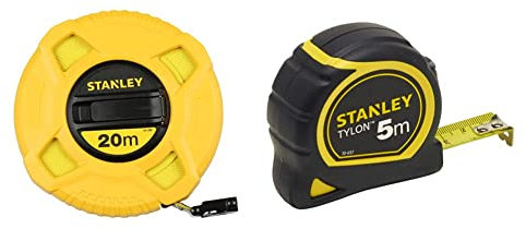 Stanley mètre Ruban 20 m x 12,7 mm en Fibre de Verre 40 Brins - Précision Classe III - Graduation Tous les 2mm - Jaune Fluo Plus Lisible & Mètre Tylon Bi matière 5m X 19mm - Ruban Anti-Corrosion