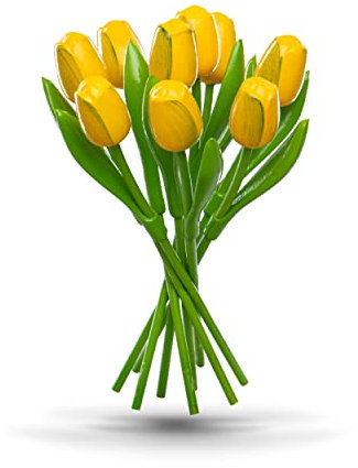 MomoMoments Holztulpenstrauß, Holzblumen, Holzdekoration, Holz-Kunstblumen, 9 Holztulpen, 34 cm, handbemalt, Blumenstrauß, Dekoration, Geschenk, Gelb/Grün