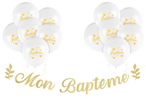 12 Ballons Mon Baptême et Bannière Banderole Pailleté Papier Baby Shower Guirlande Bunting Banner DIY Décoration Suspendue Feston Fête pour Anniversaires Naissance Fille Garçon