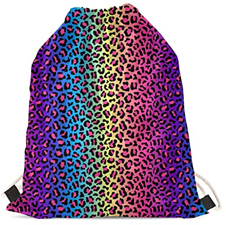 HELLHERO Turnbeutel mit Kordelzug, Rucksack für Kinder, Damen, Herren, Reisen, Sport, Regenbogenfarbener Leopardenmuster, One size