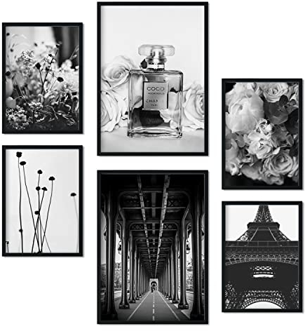 Nacnic Set 6 Paris Bilder - Wandbild Kunstdruck Deko Posters & Plakate - Inneneinrichtung im Kunstgalerie - A3 und A4 - Mit schwarzem Rahmen