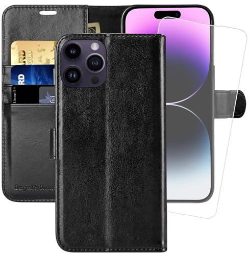 MONASAY Wallet Case for iPhone 14 Pro 5G,[Glass Screen Protector Included] [RFID Blocking] Flip Folio Leather Cell Phone Cover with Credit Card Holder for Apple iPhone 14 Pro 6.1-inch,Black