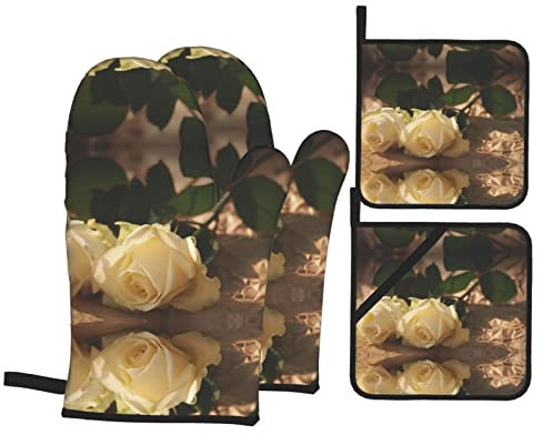 Romantique Roses Lot de 4 maniques et maniques Doublure pour cuisine, barbecue, barbecue