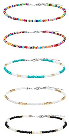 5 Stück Choker-Halskette mit Perlen Choker mit winzigen Perlen verstellbare Strand-Halskette bunte Choker-Halskette im Boho-Hawaii-Stil Schmuck für Damen und Mädchen