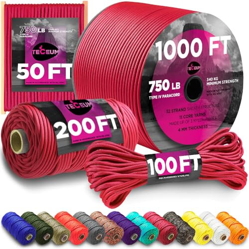 TECEUM Paracord Type IV 750 lb Crimson – 30 m – 4mm – 100% Nylon Strong Tactical MIL–SPEC Parachute Cord – Survival Rope Emergency 11 Strands Core EDC Camping Hiking Military Gear (100ft) 324a