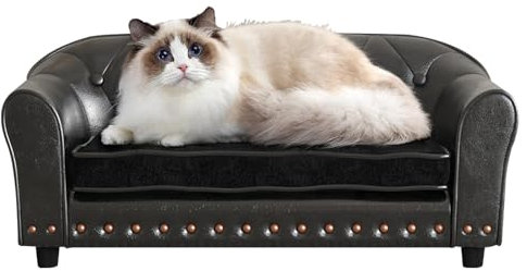 PWTJ Haustiersofa mit abnehmbarem Kissenbezug, PU-Leder Hunde- und Katzenbett mit Messingnageldekor und genähter Rückenlehne, elegantes Design für Wohnzimmer (Schwarz)