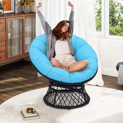KROFEM Comfy Rattan Wicker Papasan Circle Chair, Living Room Chair, 360 Swivel Saucer Ideal for Patio, Bedroom, Living Room, Indoor and Outdoor, Black Frame with Blue Cushion