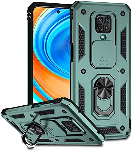 ESONG Funda para Xiaomi Redmi Note 9S/9 Pro/9 Pro MAX Armor Carcasa Protectora de Grado Militar,Cubierta de Cámara Deslizante/360° Giratorio Anilla,paraSoporte de Montaje Magnético del Coche-Verde