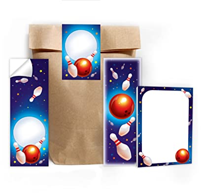 12 Lesezeichen + 12 Mini-Notizblöcke + 12 Geschenktüten (Natur) + 12 Aufkleber Bowling Bowling-Party bunt Mitgebsel Gastgeschenk beim Kindergeburtstag Jungen Mädchen