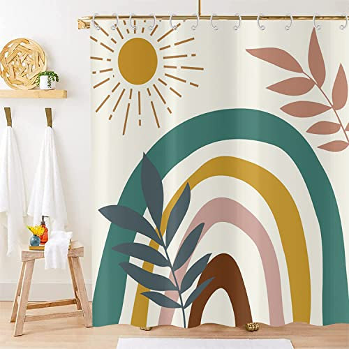 Hnmdmyi Rideau de Douche Boho 180x200, Mid Century Feuille Abstraite Soleil Arc-en-Ciel Beige Rideau de Bain Moderne Minimaliste Géométrique Esthétique Art Imperméable Tissu Lavable Rideau de Bain