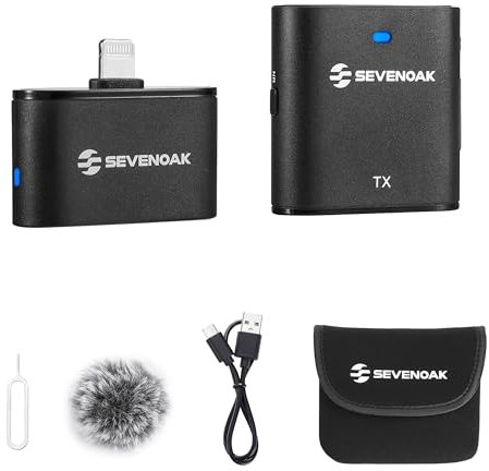 Sevenoak Micro Lavalier sans Fil, avec réduction du Bruit/Gain/Mute, Micro-Cravate stéréo/Mono pour iPhone iPad Enregistrement vidéo Interview Vlog SKM-S1 D (1 émetteur +1 récepteur)