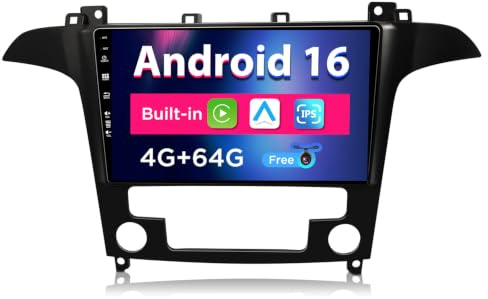 Android 16 IPS Autoradio Passt für Ford S-Max (2007-2015)- Eingebaut CarPlay/Android Auto - Rückfahrkamera KOSTENLOS - 4G+64G - Lenkradsteuerung DAB Fast-Boot Bluetooth WiFi 4G DSP - 2 Din 9 Zoll