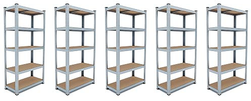 Set 5 Scaffali In Metallo E Legno MDF Con 5 Robusti Ripiani Regolabili Design Modulare Portata Del Singolo Scaffale Fino a 875 kg Kit Per Officina Garage Capannone Magazzino Cantina 180 x 90 x 40 cm