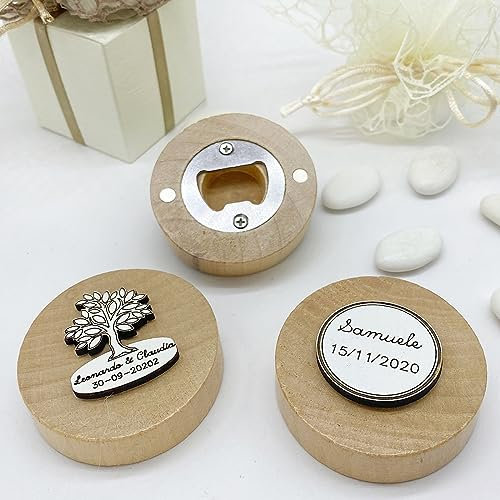 Doni Bomboniere 10PZ Apribottiglia con calamita in Bamboo con Applicazione in Legno con Incisione Personalizzata. Nascite, Battesimi, comunioni, cresime, Lauree, Matrimoni, anniversari. (Ballerina)