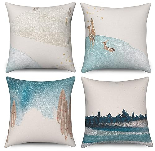 ASDCXZ Kissenbezug 45x45 cm 4er Set, Modern Kunst Landschaft Glitzer Silbrig Hirsch Sofa Dekokissen Kissenbezüge Kissenhülle Waschbar Polyester Flachs Textil Outdoor Kopfkissenbezug Kissen Bezug