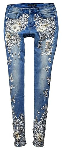 Vogrtcc Damen Bling Strass Mid-Rise Skinny Jeans Mit Taschen Damen Handgefertigte Stretch-Bleistifthose Mit Diamantperlen Blue 32