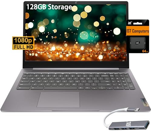 Lenovo Chromebook 15 (15,6 po FHD, 4 Go de RAM, 128 Go de stockage (64 Go eMMC + carte SD IST 64 Go), 2 To de stockage dans le cloud, Intel Celeron), ordinateur portable à la maison et aux étudiants,