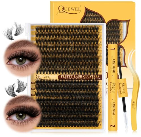 QUEWEL DIY Lash Extension Kit 320Pcs 60D+80D Cluster-Lashes Mix 12-18mm Thick Eyelash-Clusters Bond and Seal Lash Kit and Lash Tweezers Easy DIY at Home(60D+80D 3D Kit)