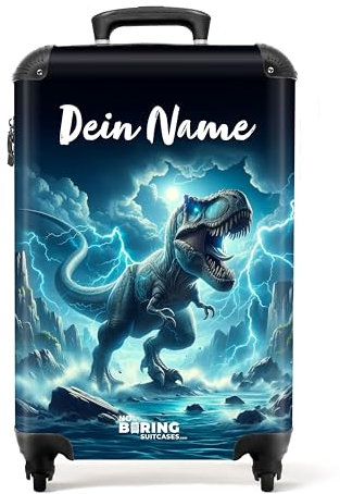 NoBoringSuitcases.com Kinderkoffer, Reisekoffer Personalisiert, Kinderkoffer Jungen, Koffer Kinder, Kinder Reisekoffer, Kindertrolley Jungen, Handgepäck Trolley 55x40x20 cm (Dinosaurier - Blau)