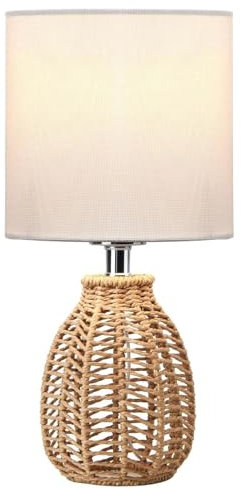 EcoGehen Tischlampe Wohnzimmer Nachttischlampe mit Rattan Lampenschirm Vintage Landhaus Tischlampen Tischleuchte mit Weiß Stoffschirm aus Leinen für Modern Boho Deko Schlafzimmer Nachttisch Geschenk