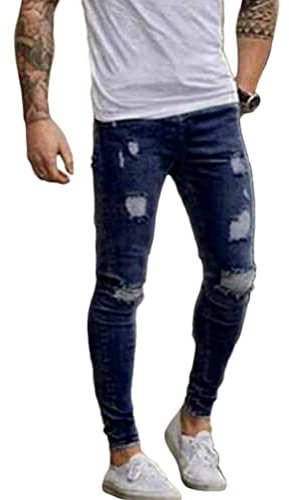 Oanviso Jean Troué Homme Style Hip Hop Détruit Trou Pantalon en Denim Extensible Couleur Unie Jeans Trou Cassé Streetwear Jeans Moulants Trekking Grande Taille J Bleu Foncé L
