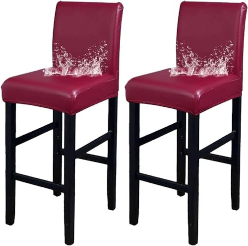 HACLEN Waterproof Bar Stool Covers with Backs Set of 2 4 6, PU Leather Bar Stool Chair Cover Removable Barstool Slipcovers for Bar (Wine red,2 PCS)