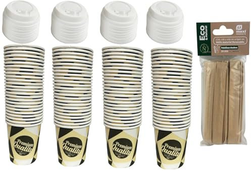 ARBUTUS 48 vasos café desechables de cartón para café de 120ml con 48 tapas plastico,vasos para llevar y 50 paletinas de madera.