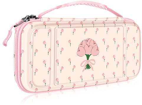 FINTIE Etui pour Nintendo Switch / Switch Modèle OLED - Housse Transport en EVA Sacoche de Rangement Zippée Anti-Choc, Coque Protection Console avec 10 Emplacements Cartes de Jeu, Tulipe