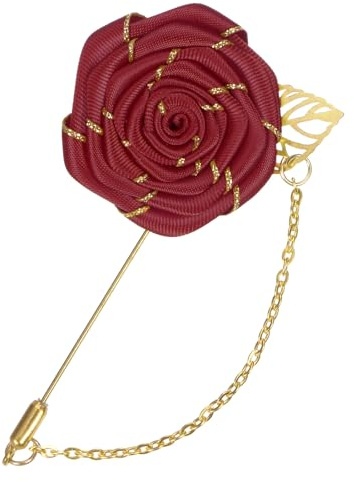 M METERXITY Rose Brooch Pin with Gold Leaf, Cloth Rose Flower Lapel Pin for Men Wedding Accessories/Suit Tuxedo Corsage Wedding Party Brooch [Wine-Red]