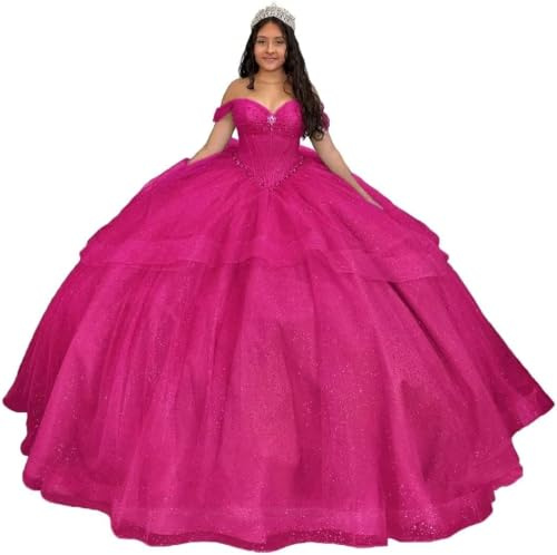 Yifanier Off Shoulder Beaded Quinceanera Puffy Tiered Sweet 15 16 Dresses with Train A-line Long Formal Evening Ball Gowns MT024 Fuchsia