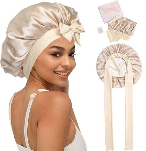 Coubeau Doppelseitig 100% Seidenhaube zum Schlafen - 19 Momme Maulbeerseide Schlafmütze aus Seide für Lockiges und Krauses Haar (Champagne/Beige)