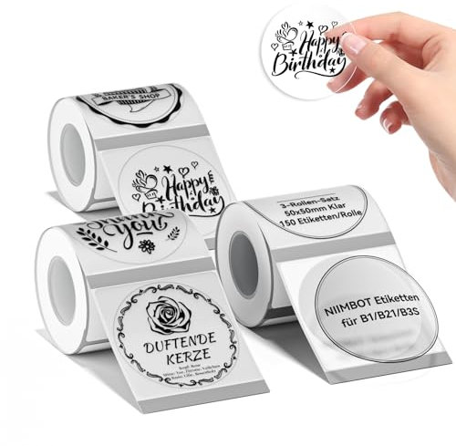 NIIMBOT Etiketten Selbstklebender Etikettenband für B1 / B21 / B3S Etikettendrucker, 50 x 50mm 150 Etiketten/Rolle, 3-Rollen Thermo-Etikettenband für Supermärkte, Einzelhandel, Büro, Transparent, Rund