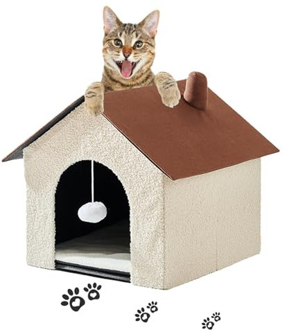 Zedelmaier Katzenhöhle, Katzenhaus, Katzenbett, Katzenhöhle XXL, Katzenhaus isoliert, Katzenhütte mit Spielball, Katzenmöbel (Beige und Braun, 45x48x40cm H)