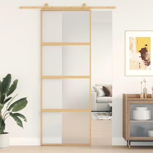 Porte coulissante en verre trempé givré et aluminium Doré 76 x 205 cm