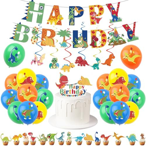 Dinosaur Party Supplies for Boys Kids - Complete Jurassic Birthday Decorations Kit with Hanging Swirls, Banner, Dinosaur Balloons & Cake Toppers | Prehistoric Theme Party Decor for boys kids