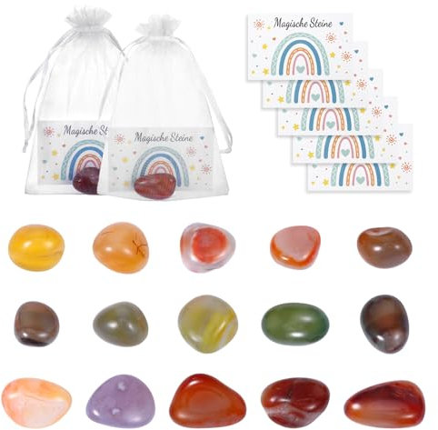 15 Sets Glückssteine für Kinder mit Grußkarten und Organza-Beutel, Perfekt zum Mitgebsel Kindergeburtstag, Kindergeburtstag Gastgeschenke und für Geschenktüten, als Basteln oder Besonderes Mitbringsel