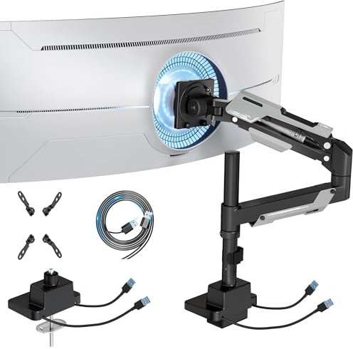 ARES WING Single Monitor Mount with USB, Ultrawide Monitor Arm for 24 to 57 Inch Heavy Duty Curved Screen, Adjustable Gas Spring Monitors Arm Stand up to 66LBS with 75/100/200 Vesa Mount, Black