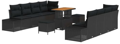vidaXL 11-teiliges Garten-Sofa-Set mit Kissen in Schwarz aus Poly Rattan und Akazie – perfekte Gartenmöbel für Deine Terrasse, die ideale Sitzgruppe für eine modulare Gartenlounge und Sommerdeko.